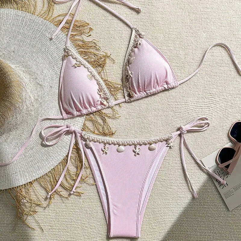 Women's Sexy Halter Triangle Bikini Top 2025 New Arrival Swimwear with Shell & Starfish Design Trendy Beachwear Two Pieces Bikin