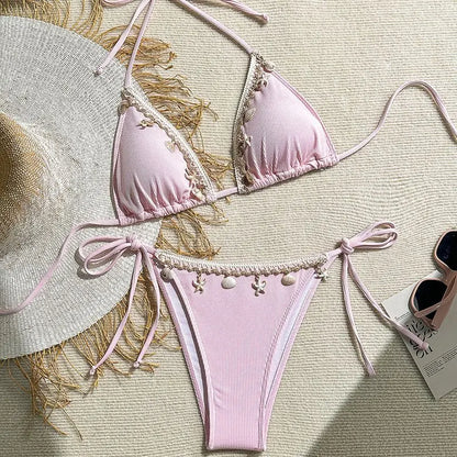 Women's Sexy Halter Triangle Bikini Top 2025 New Arrival Swimwear with Shell & Starfish Design Trendy Beachwear Two Pieces Bikin