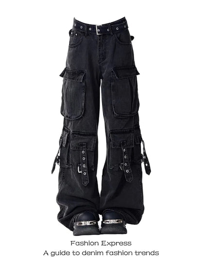 Jeans cargo multitasche stile vintage americano Y2k da donna, stile Gyaru, stile grunge anni 2000, pantaloni in denim dritto