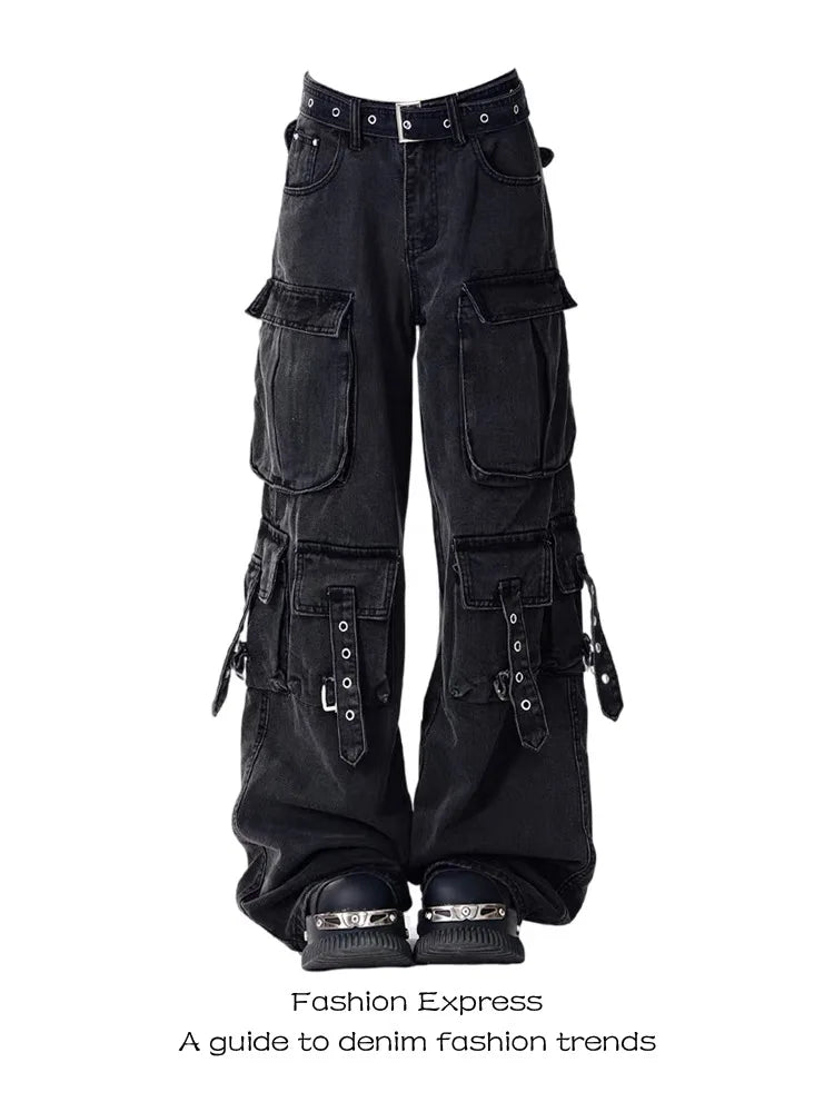 Women Y2k American Retro Mutil Pockets Cargo Jeans American Vintage Gyaru 2000s Aesthetic Grunge Jeans Straight Denim Pants