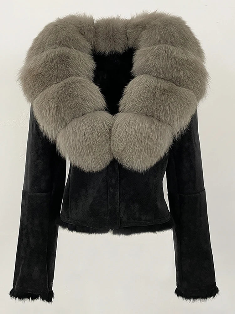 OFTBUY Fashion Short Natural Fox Fur Collar Coat Female New Autumn Winter Fur Clothing Real Rabbit Fur Liner Suede Jacket Women