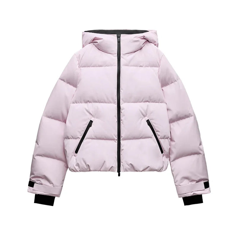 Thicken Warm Women's Skiwear Pink High Collar Hooded Cotton Padded Coats Straight Leg Zipper Pants 2025 New Winter Lady Ski Suit