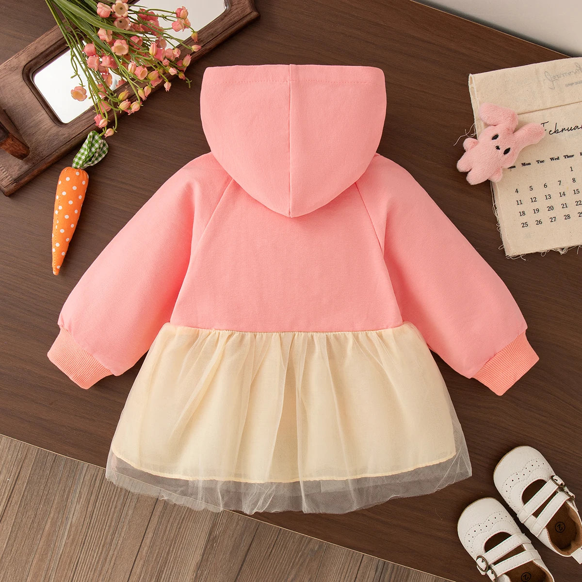 Maglietta per bambina con coniglietto, colore rosa, con cappuccio e maniche lunghe (6-24 mesi), ideale per la primavera e l'autunno (6-24 mesi).