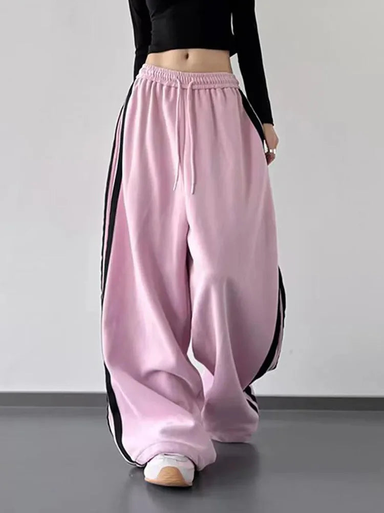 Y2K Vintage Striped Sweatpants Women Streetwear American Hip Hop Loose Pants Retro High Waist Casual Lace Up Spring Bf Trousers
