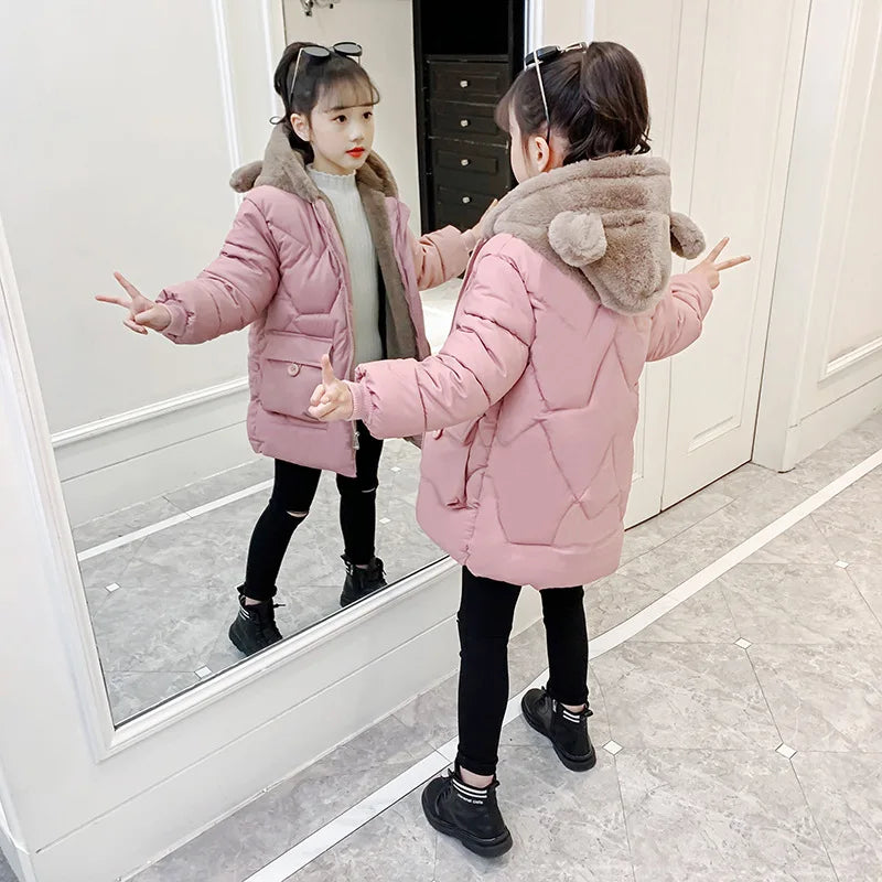 4 5 6 7 8 9 10 11 12 anni Giacca invernale da bambina imbottita Tieni al caldo Simpatico orsetto alla moda Cappotto con cappuccio Piccola principessa Abbigliamento per bambini