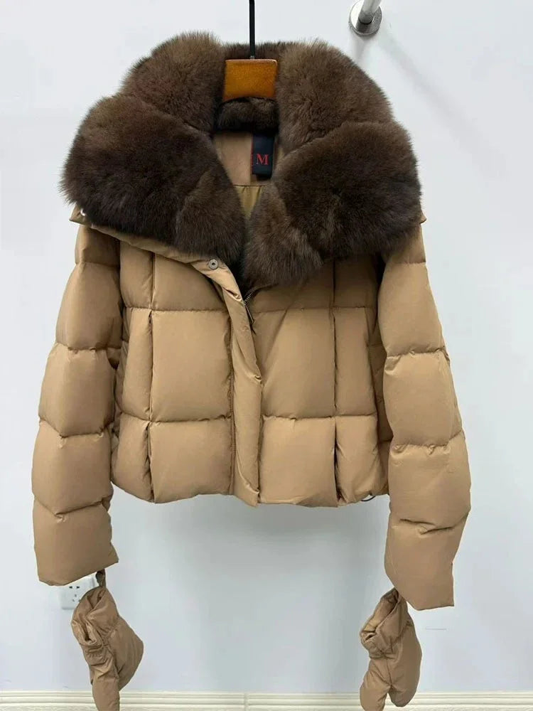 Cappotto in piumino d'oca con collo in pelliccia di volpe naturale, giacca di lusso in pelliccia, parka casual caldo da donna, giacca imbottita in vera pelliccia