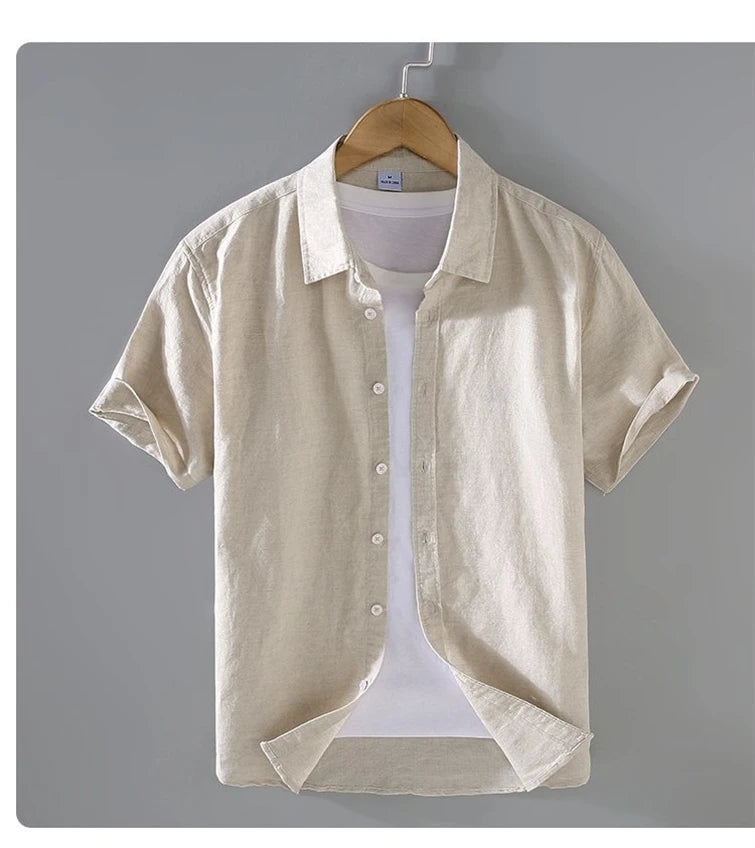 Camicia da uomo in cotone e lino a maniche corte, estiva, stile streetwear, tinta unita, collo alto, casual, stile spiaggia, taglie forti dalla M alla 3XL