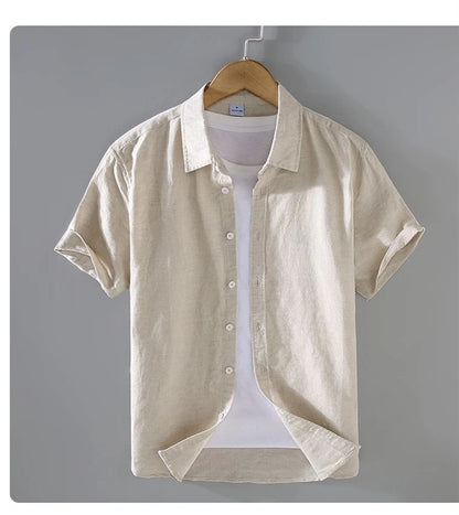 Camicia da uomo in cotone e lino a maniche corte, estiva, stile streetwear, tinta unita, collo alto, casual, stile spiaggia, taglie forti dalla M alla 3XL