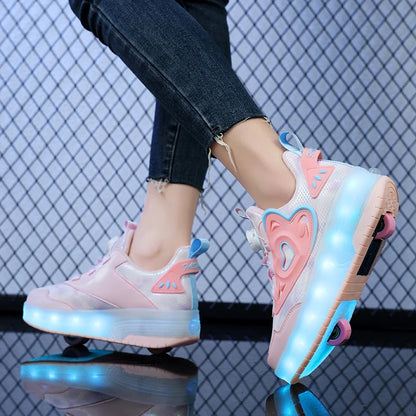 Scarpe da ginnastica luminose per bambine con ruote, tacco rosa con luci LED, pattini a rotelle, scarpe LED per bambini con ricarica USB, alla moda.