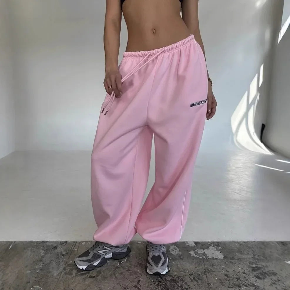 Casual sports pants Y2K American pink retro hip-hop women's fashion loose slow-leg running pants high-waisted wide-leg pants
