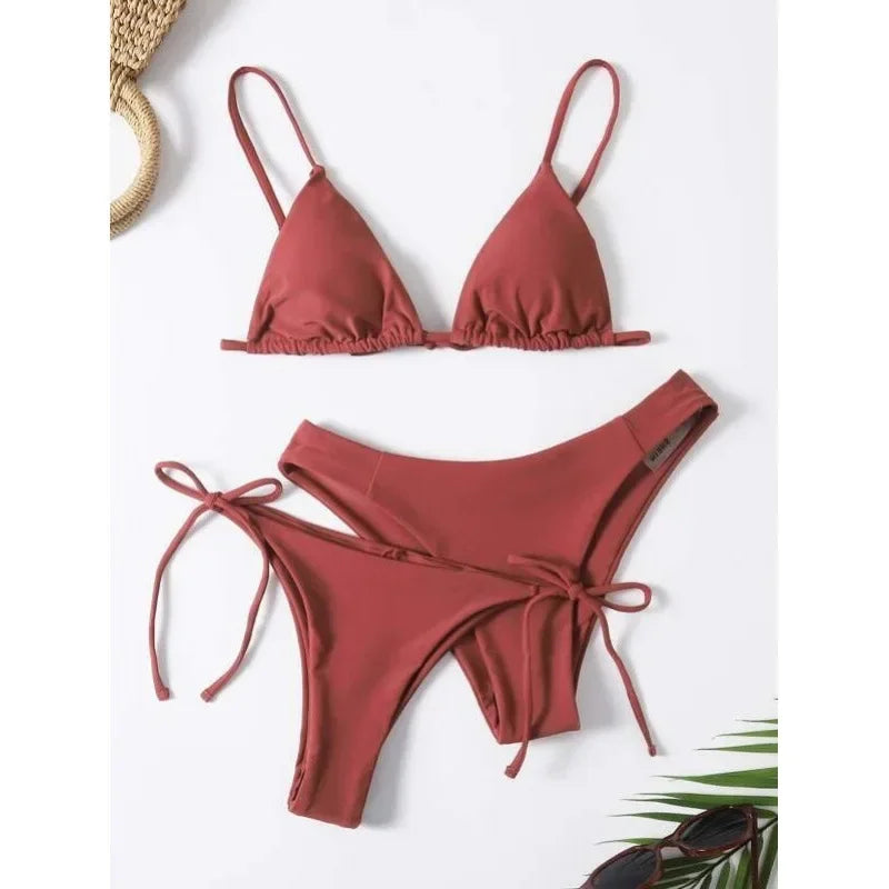 Sexy set bikini a 3 pezzi da donna, tinta unita blu e viola, push-up, a triangolo, costume da bagno brasiliano da spiaggia, costume da bagno bikini