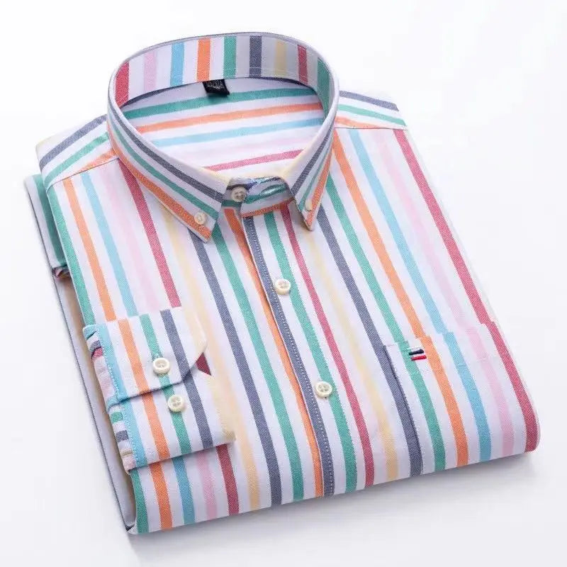Camicia da uomo a quadri con bottoni a maniche lunghe in cotone 100%, con tasca singola sul petto, vestibilità standard, casual, stile Oxford a quadri e righe