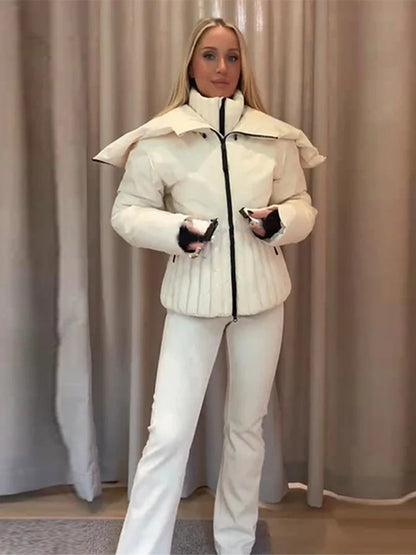 Women Hooded Tie-Waist Ski Suit Pink Flared Leg Fur Trim Water-Resistant Fabric 2025 Winter Outerwear Fashion Sweet Snow Suit