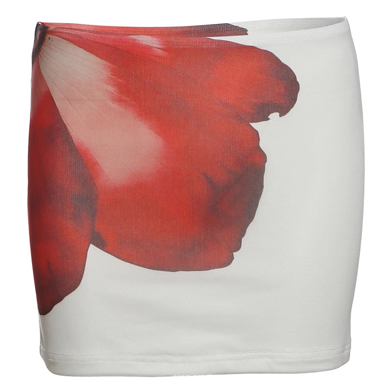 Rebellious Girl Design Big Red Flower Segmented ort Sve T-irt Skirt Set High Collar Faionable Casual Women's Outfit