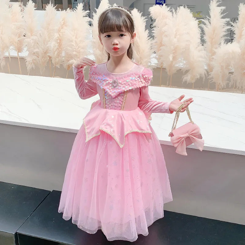 Costumi di Halloween per bambine, abiti da festa rosa per bambine, abito da principessa Aurora, costume cosplay della Bella Addormentata, set di travestimenti fantasy.