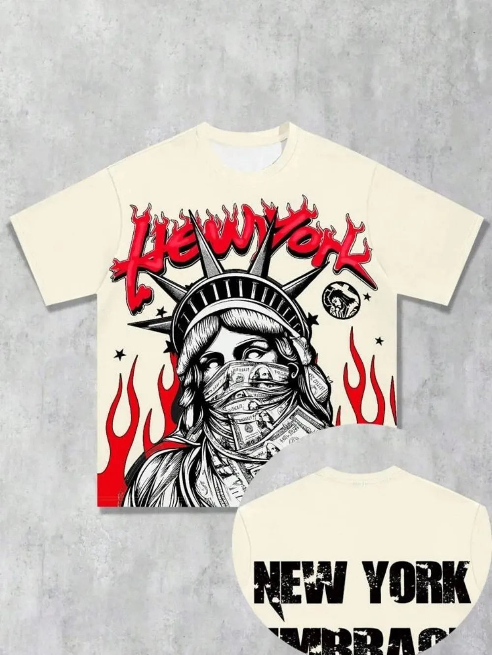 Nuovo set da uomo di tendenza con stampa della Statua della Libertà, composto da t-shirt girocollo traspirante e pantaloncini, comodo per le attività all'aperto.
