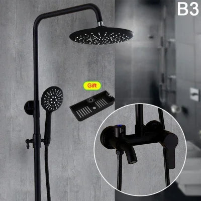 Bathroom Antique Black Painting Brass Lifting Column Wall Mount Shower Set 8" 3-Functions Hot Cold Rainfall Shower Mixer Tap
