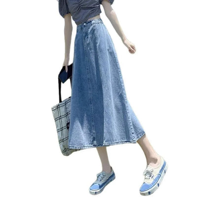 Retro High Waist Midi Denim Skirt Fashionable A- Line Umbrella Skirt Conceals Hip Slimming Drapey Style for Spring Season