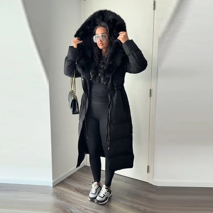Elegant Fur Collar Hood Belt Long Cotton Jacket Women Zipper Drawstring Waist Parka Down Coat 2025 Winter Lady Warm Chic Outwear