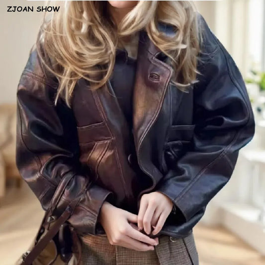 Giacca da donna americana retrò autunno 2025 in ecopelle nera lavabile, con revers, 3 bottoni, maniche lunghe, cappotto oversize, ampio e corto.