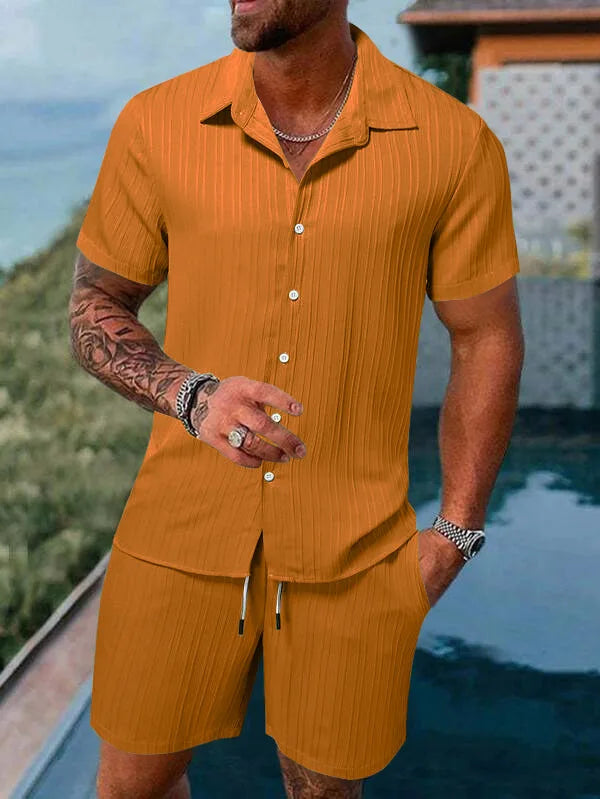 Completo estivo da uomo europeo e americano, casual, ampio, con camicia e pantaloncini, ad asciugatura rapida e traspirante, perfetto per le vacanze.