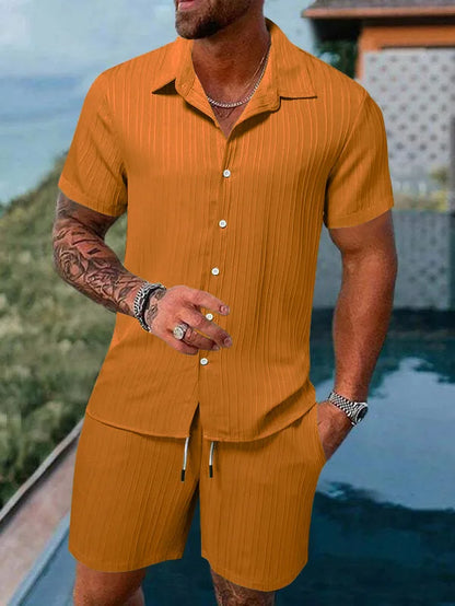 Completo estivo da uomo europeo e americano, casual, ampio, con camicia e pantaloncini, ad asciugatura rapida e traspirante, perfetto per le vacanze.