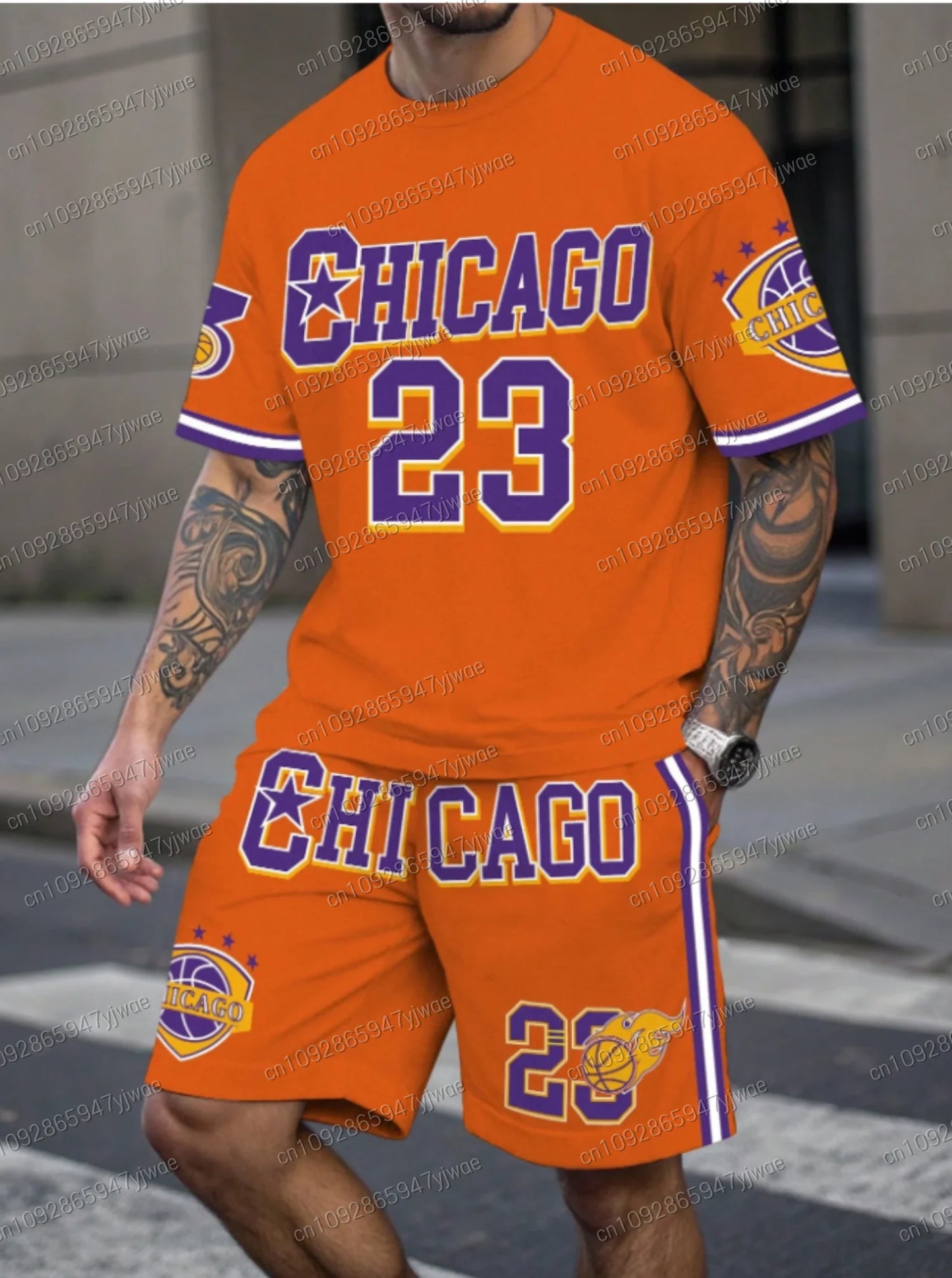 Nuovo set da uomo Chicago n. 23 con stampa, composto da maglietta a maniche corte gialla e pantaloncini, ideale per il basket e il jogging. Abbigliamento uomo.