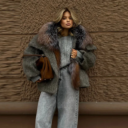 Oversized Winter Women's Coat Wide Faux Fur Collar Hooded Jacket Loose Single Breasted Outwears 2025 New Trendy Warm Lady Coats