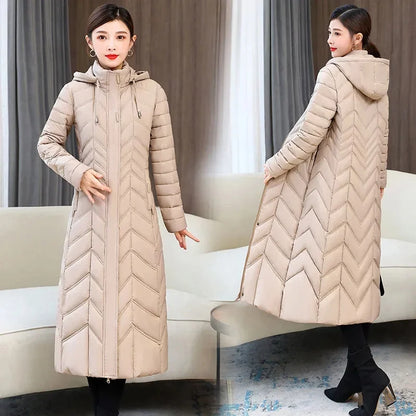 Women 2023 New Winter Long Plaid Parkas Loose Thicken Warm Hooded Coats Casual Zip Up Windproof Black White Down Jackets