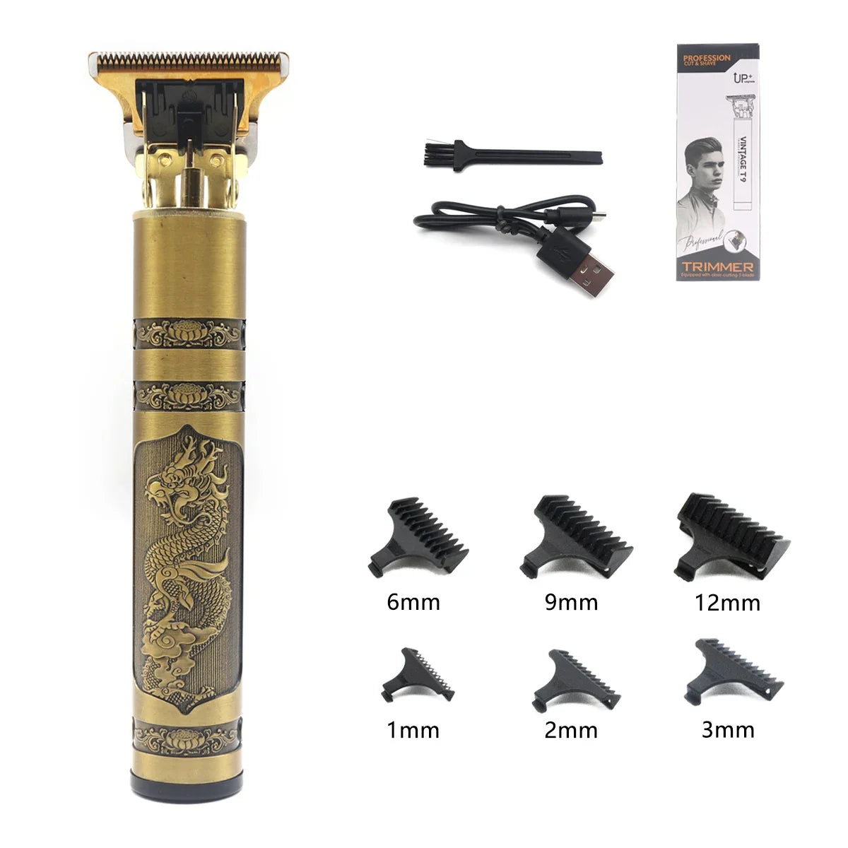 Professional T9 Hair Trimmer Stainless Steel Blade Metal Body with 9 Optional Limit Combs Cordless for Hair Beard Trimming