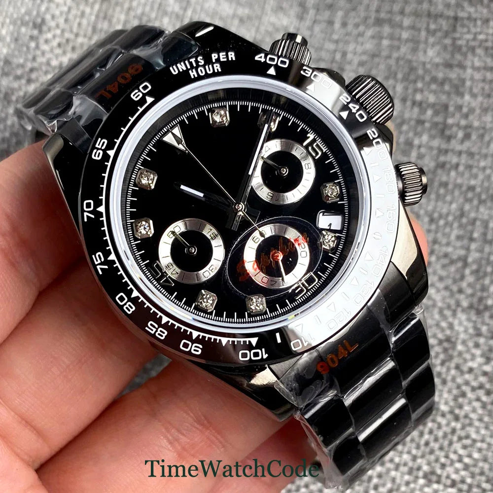 Orologio cronometro Tandorio da uomo, 39 mm, movimento al quarzo VK63, quadrante grigio, vetro zaffiro, cronografo completo, bracciale in acciaio inossidabile 316L, cinturino in gomma.