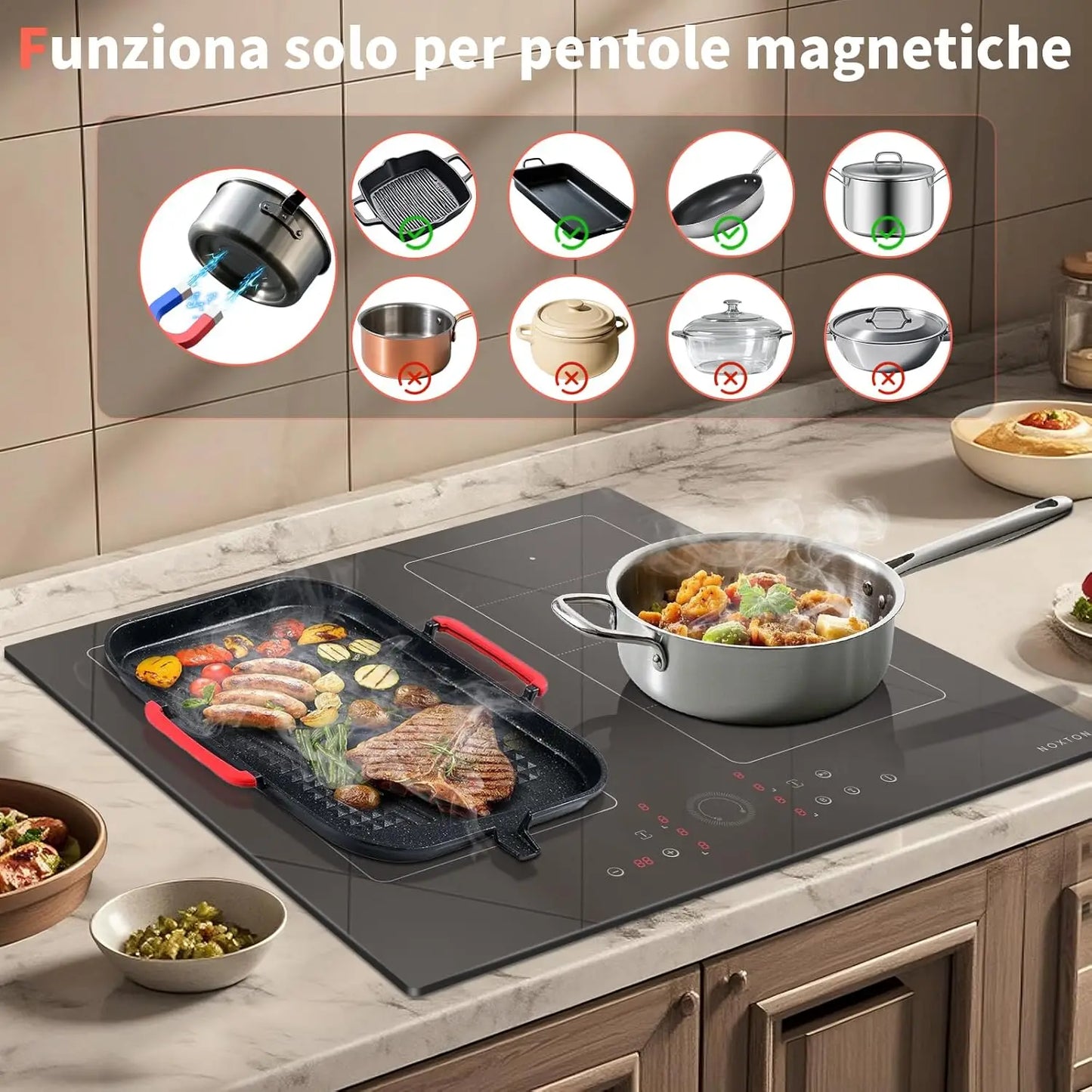 Piano cottura a induzione NOXTON a 4 zone con 2 zone combinate, 60 cm da incasso con booster, timer, blocco di sicurezza, pausa, 230V, 7200W, senza spina