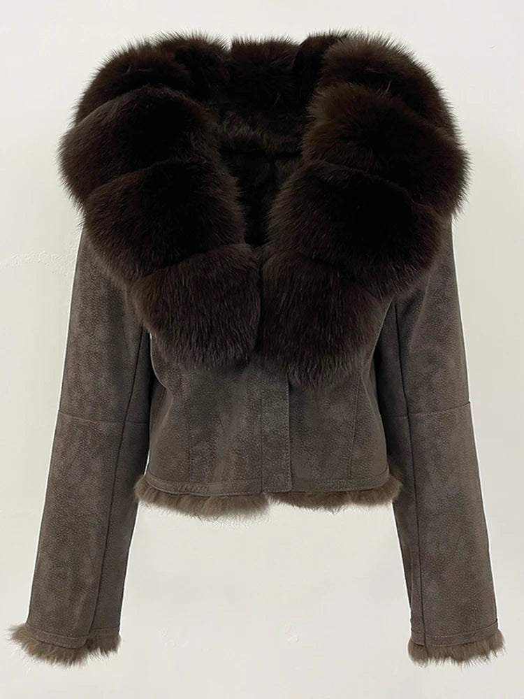 OFTBUY Fashion Short Natural Fox Fur Collar Coat Female New Autumn Winter Fur Clothing Real Rabbit Fur Liner Suede Jacket Women