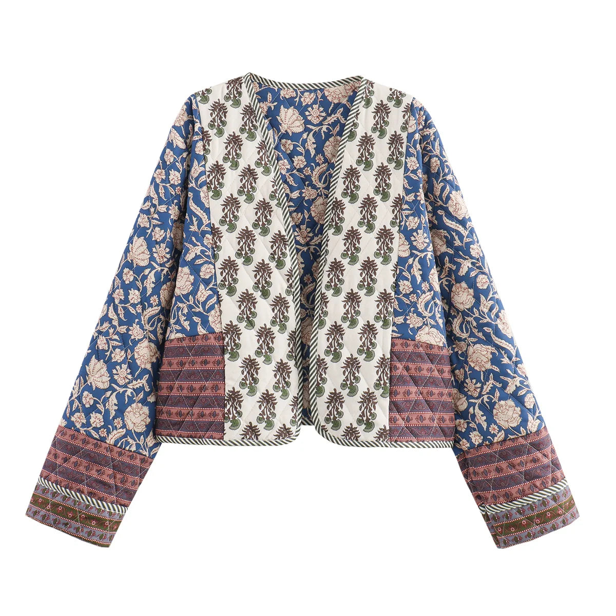Giacca vintage da donna in cotone con stampa patchwork 2024, trapuntata, a maniche lunghe, ampia, corta, calda, autunno/inverno, capospalla femminile