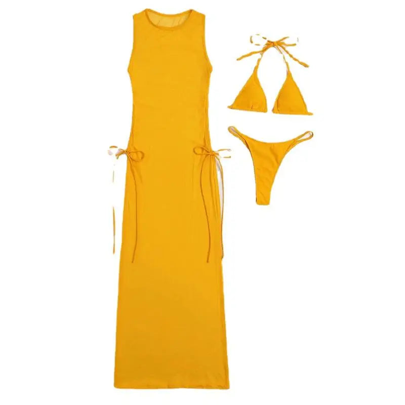 Women'S Bikini Set Solid Color Printing 3-Piece Set Beach Sexy Tight Low Waist Mesh Drawstring Split Style