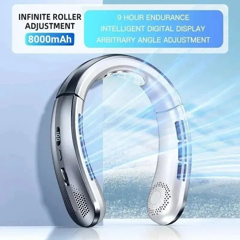 Ventilatore da collo portatile Xiaomi da 8000 mAh con USB, senza pale, mini ricaricabile, silenzioso, con display digitale a LED, raffreddatore d'aria elettrico portatile.