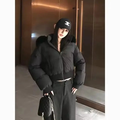 Simple Solid Short Parka Coat Fashion Winter Clothes Zipper Hooded Fur Collar Cotton Padded Coat Women Jacket Street
