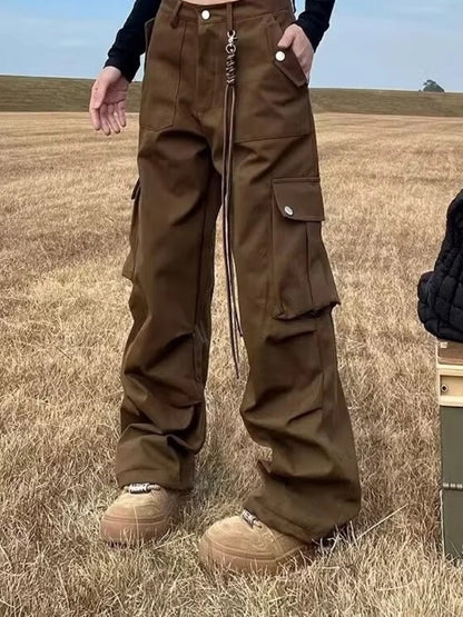 Pantaloni cargo larghi marroni multitasche Ropa Y2K Streetwear 2024 per donna, vestiti dritti in cotone hip hop, nuovi pantaloni da donna