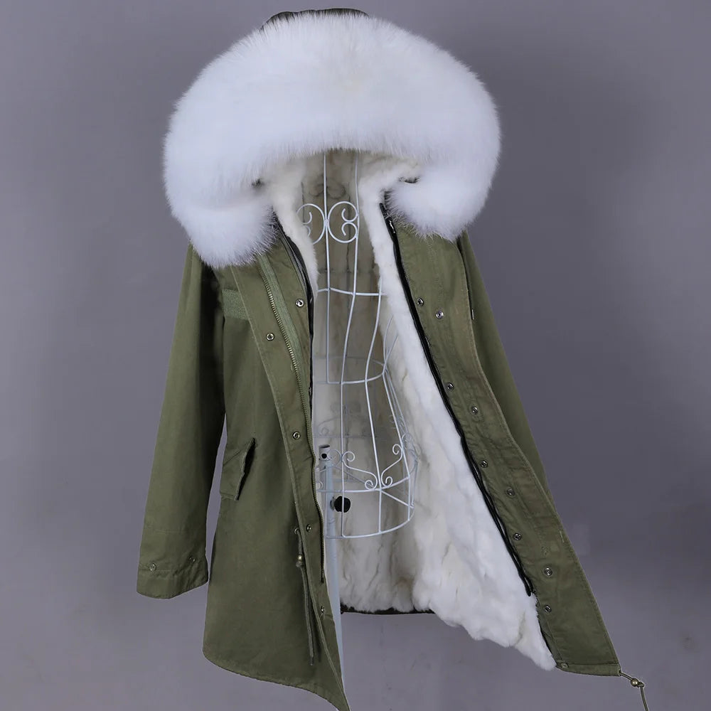 Maomaokong 2022 Giacca invernale da donna Parka lungo Impermeabile Grande pelliccia di volpe naturale vera Collo di pelliccia di procione Cappuccio Fodera in caldo coniglio