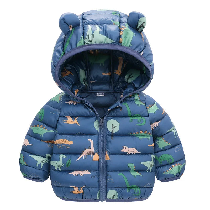 Giacca autunno/inverno per neonati, maschietti, maschietti, femminucce, dinosauri a cartoni animati, cappotto spesso con cappuccio per bambine da 1 a 5 anni, tiene caldo, piumino in cotone, capospalla