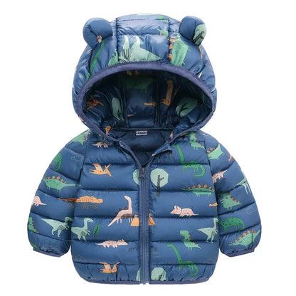 Giacca autunno/inverno per neonati, maschietti, maschietti, femminucce, dinosauri a cartoni animati, cappotto spesso con cappuccio per bambine da 1 a 5 anni, tiene caldo, piumino in cotone, capospalla