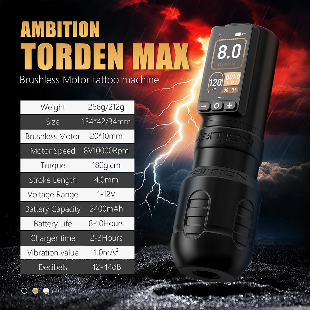 Kit Ambition Torden Max, macchinetta per tatuaggi wireless con corsa di 4,0+3,5 mm, motore brushless, asta dritta, penna, batteria da 2400 mAh, touchscreen.