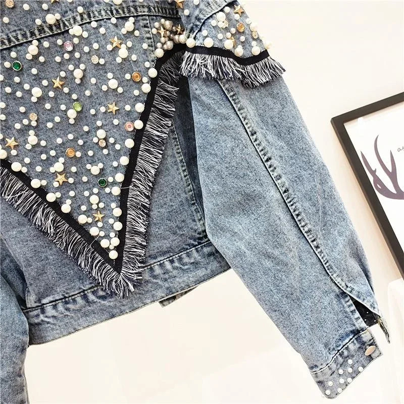 2024 Nuova giacca di jeans da donna primavera autunno streetwear con perle borchiate a mano, punk, nappa, giacca da donna, jeans corti larghi, cappotti