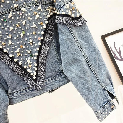 2024 Nuova giacca di jeans da donna primavera autunno streetwear con perle borchiate a mano, punk, nappa, giacca da donna, jeans corti larghi, cappotti