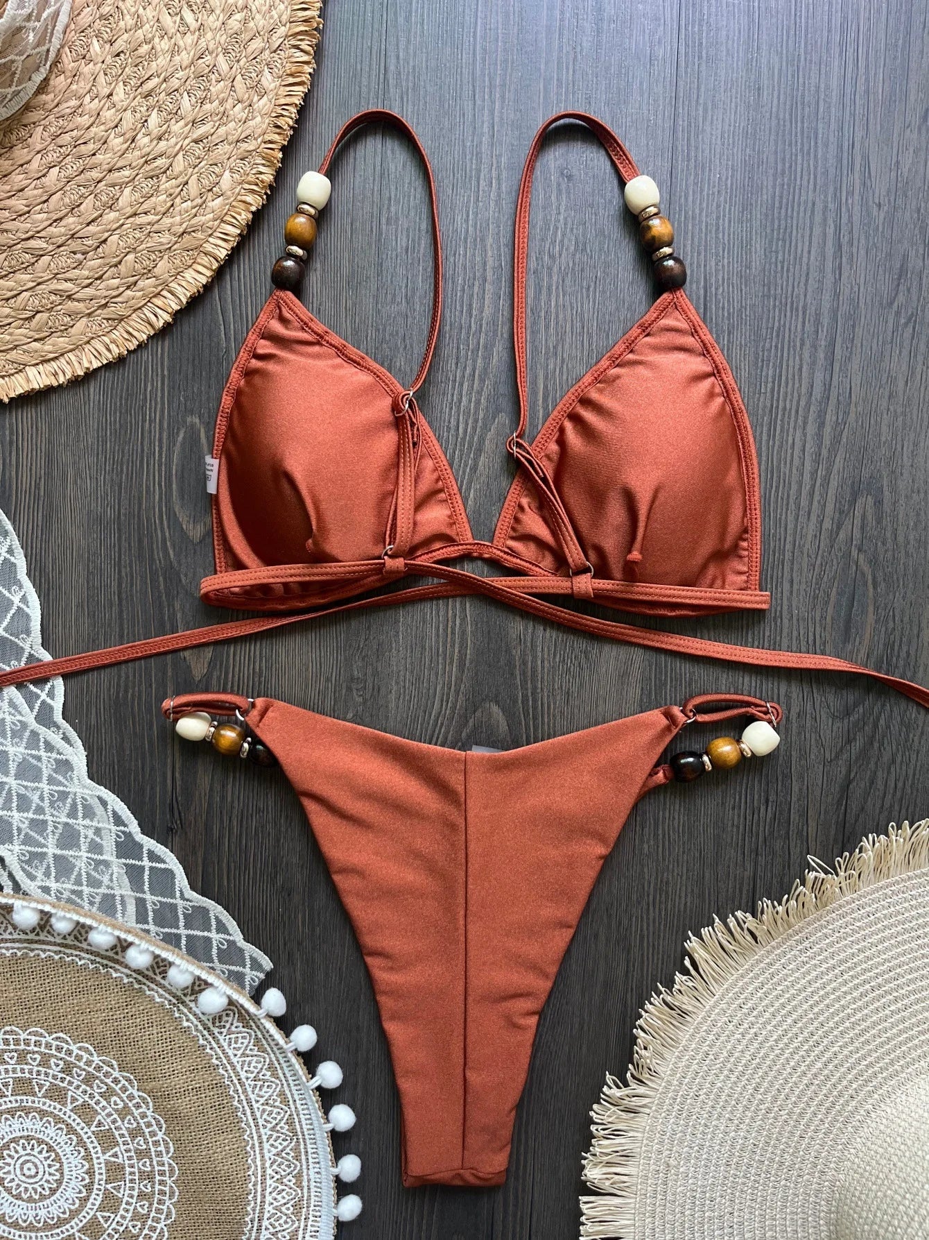Bikini sexy marrone 2026 da donna con perle, spalline, fori, reggiseno push-up, perizoma, costume da bagno brasiliano da spiaggia, micro costume da bagno
