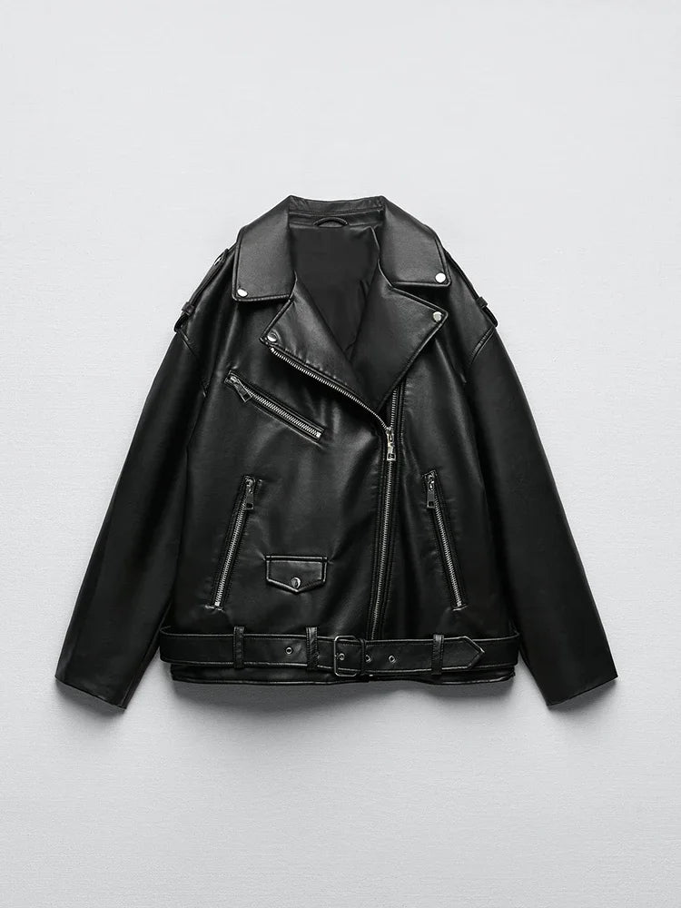 Women Loose Motorcycle Biker Black Pu Faux Leather Jacket with Belt Spring Autumn Female Zipper Coat Outwear 2025