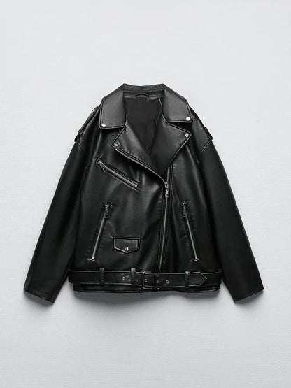 Women Loose Motorcycle Biker Black Pu Faux Leather Jacket with Belt Spring Autumn Female Zipper Coat Outwear 2025