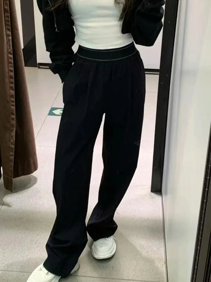 American Retro Elastic High Waist Wide Leg Pants Casual Loose Straight Long Trousers for Women Quick-dry Breathable Pants Women