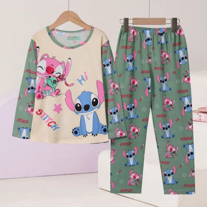 Pigiama per bambini dai 2 ai 14 anni, completo a maniche lunghe per primavera e autunno, set pigiama per bambini con motivo a cartoni animati Stitch, abbigliamento da casa comodo e casual per ragazzi e ragazze.
