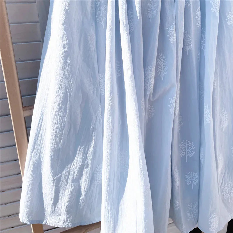 Cotton Linen Blue Midi Pleated Skirt, Fashion Print Skirts For Woman 2025 Summer